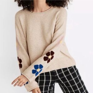 Madewell Belmore Tan Floral Sleeve Pullover Sweater